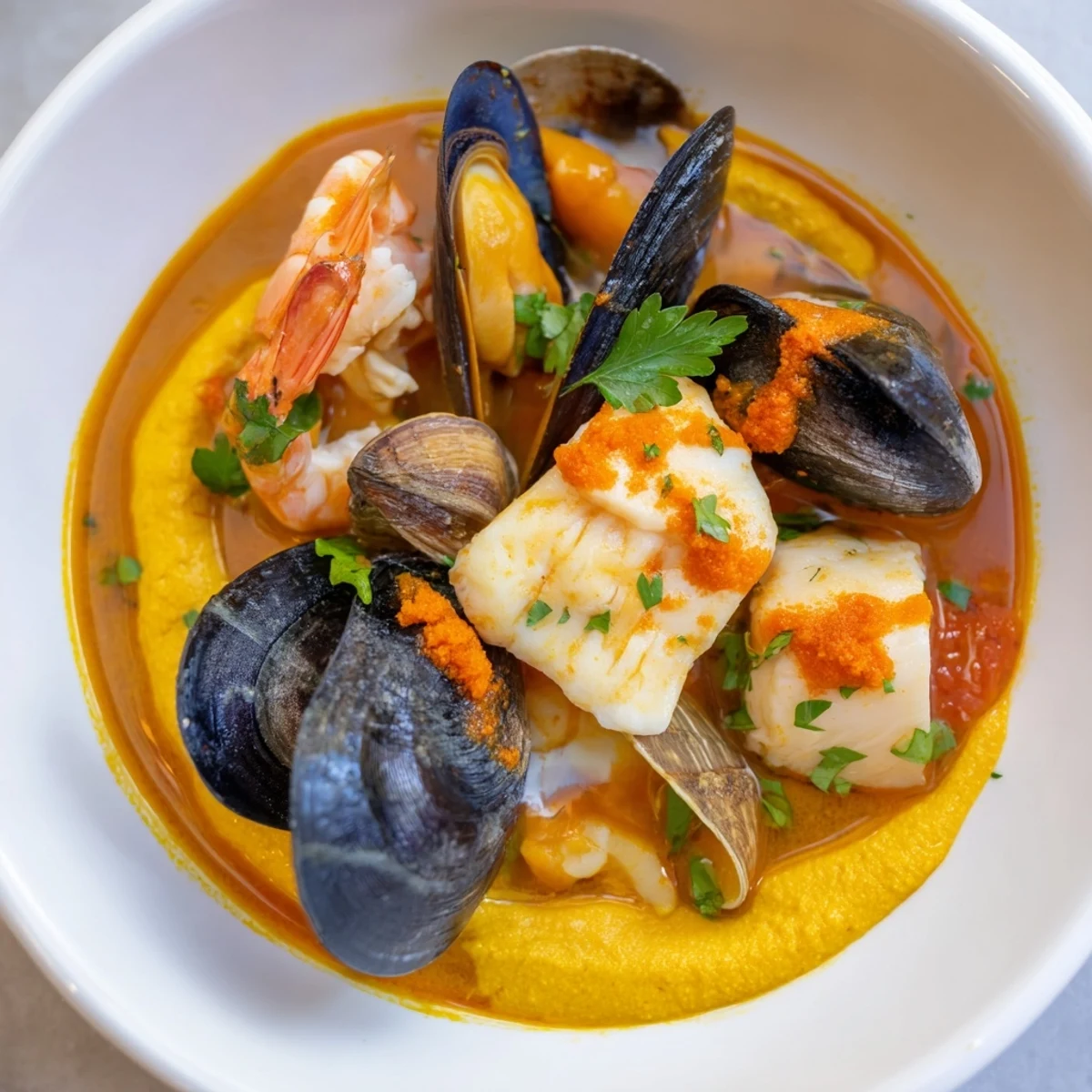 A flavorful bowl of bouillabaisse, overflowing with seafood, swimming in a rich broth with herbs.