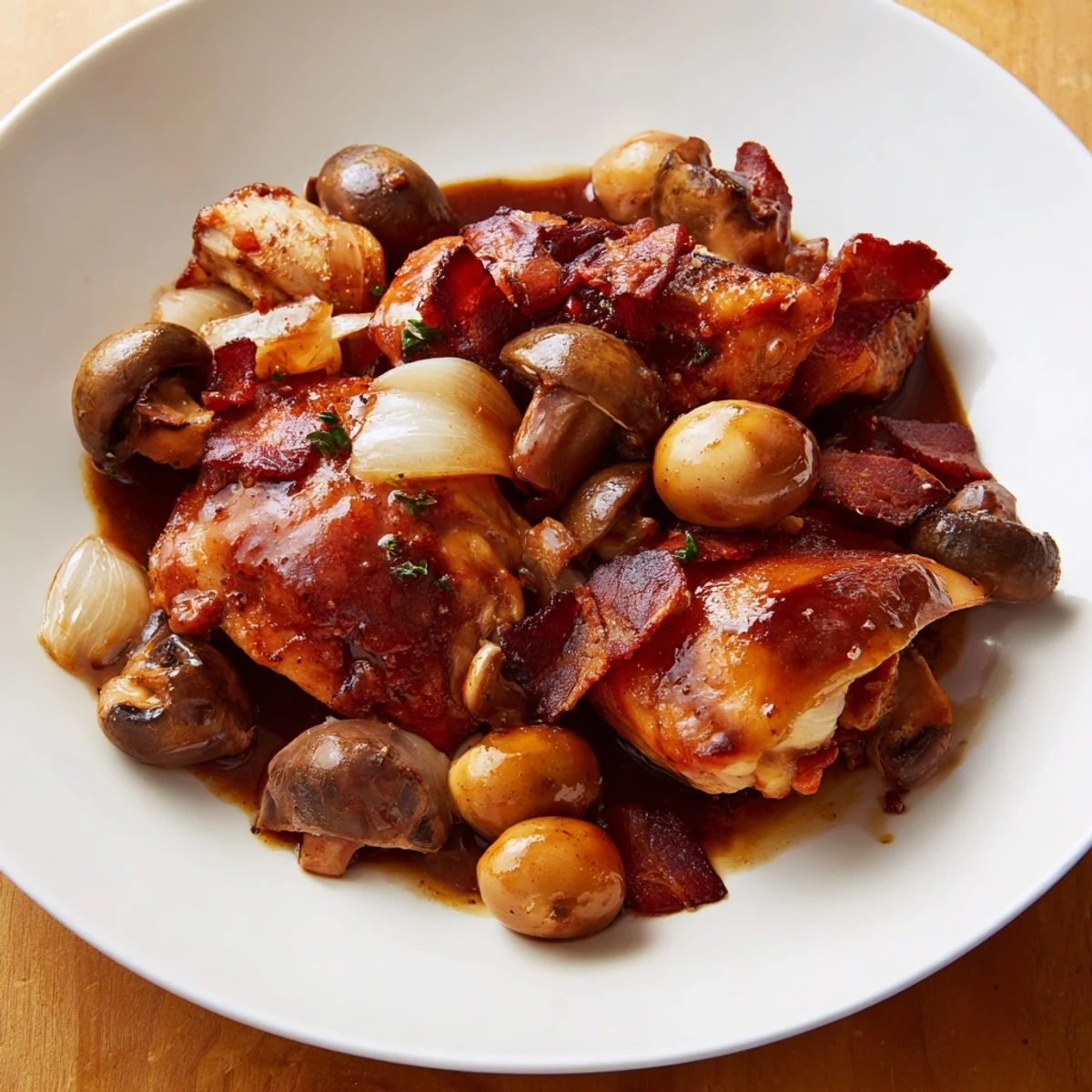 Tender Coq au Vin, a French classic, boasts rich flavors of red wine and savory bacon.