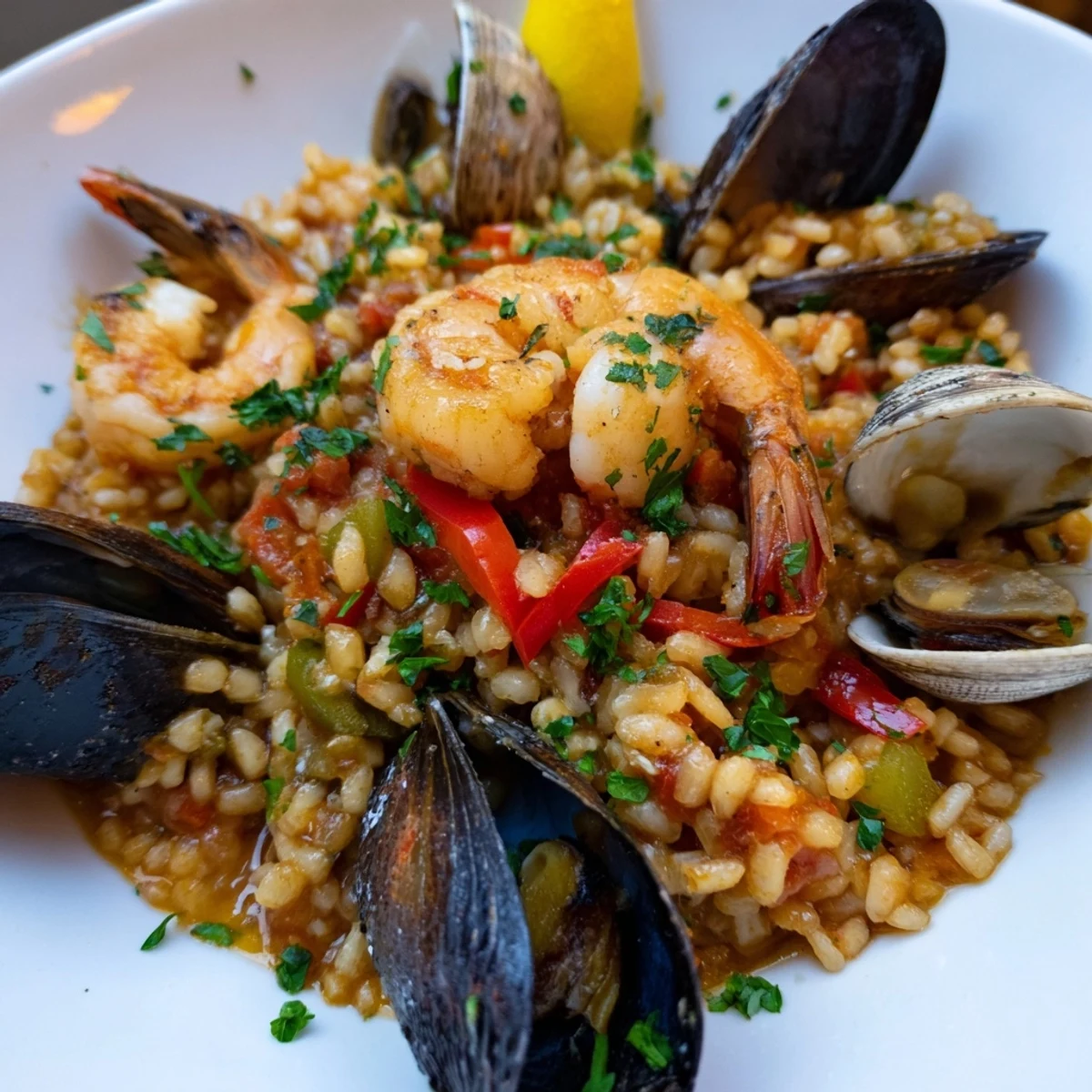 A steaming pan of Spanish Seafood Paella with mussels, shrimp, and colorful bell peppers awaits enjoyment.