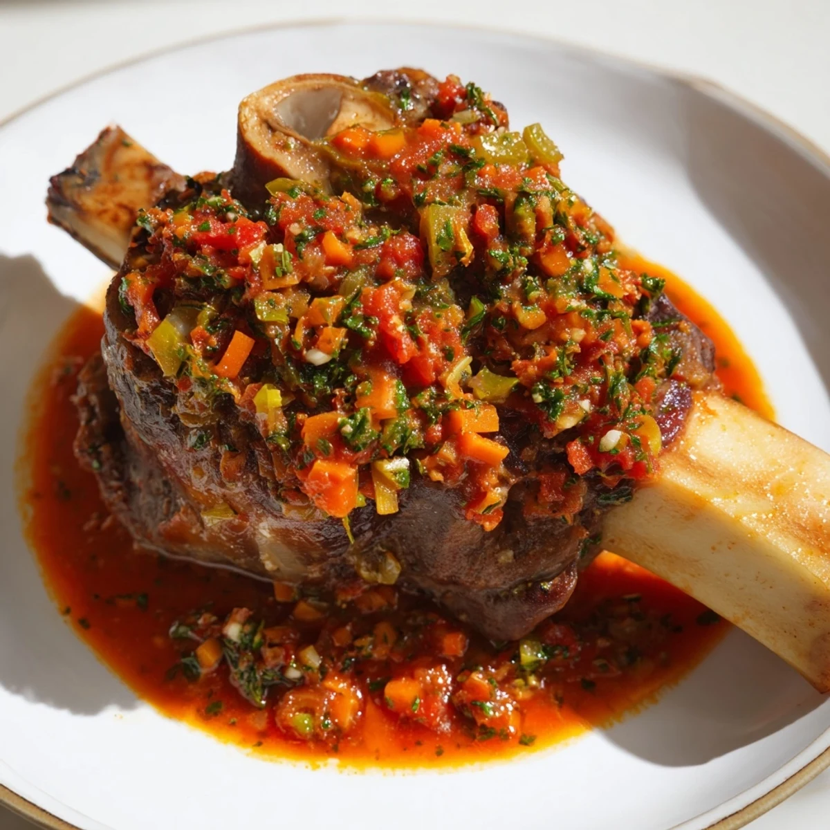 Tender Osso Buco served with vibrant gremolata, imagine the savory aroma from this classic Italian dish.