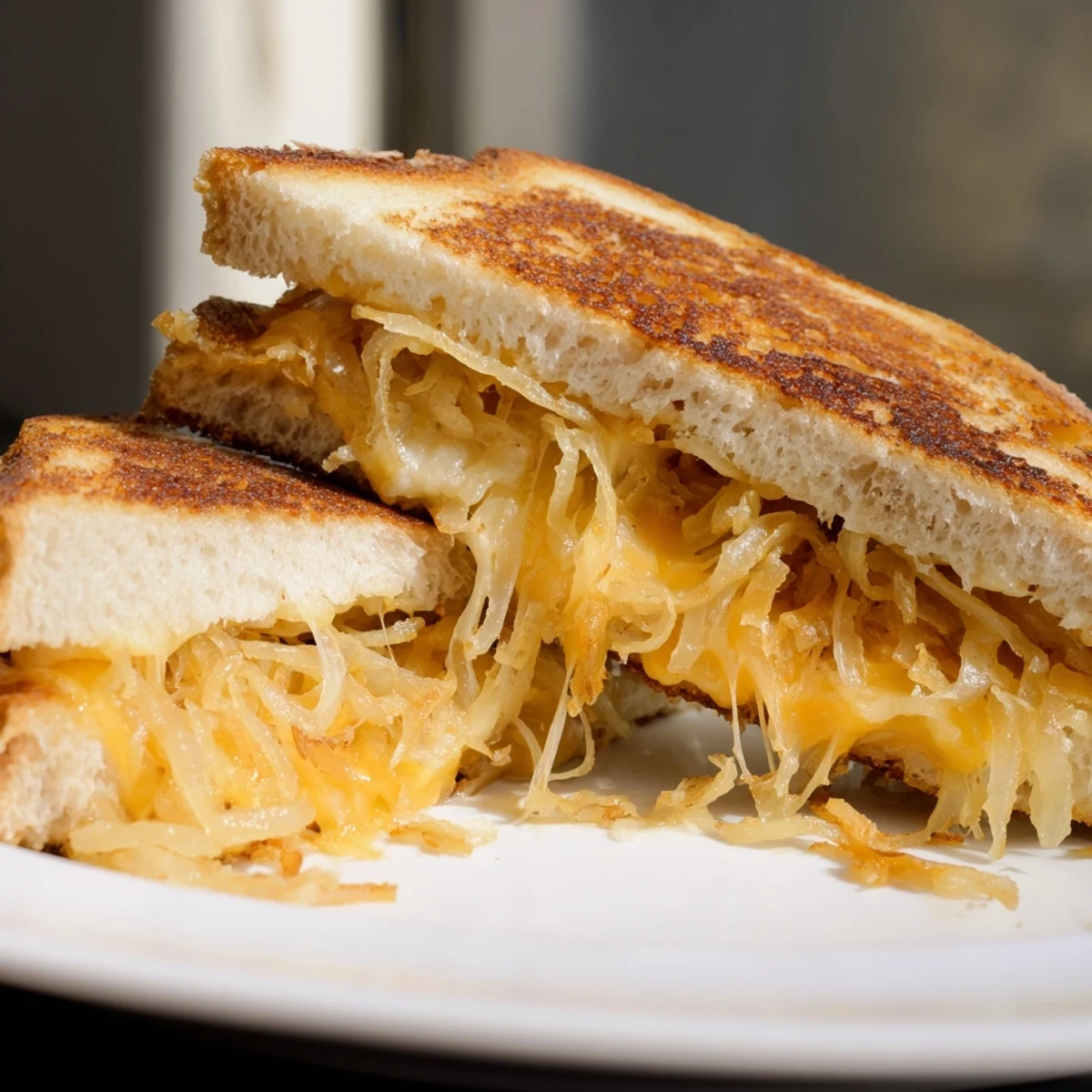 Golden and crispy, the Crispy Onion Grilled Cheese melts cheddar and mozzarella inside toasted bread.