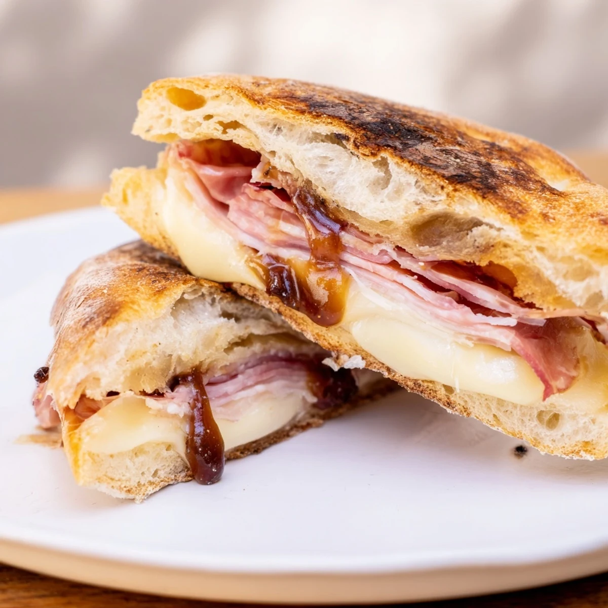 Golden, toasted Crispy Prosciutto & Fig Panini, overflowing with melted fontina cheese and savory prosciutto.