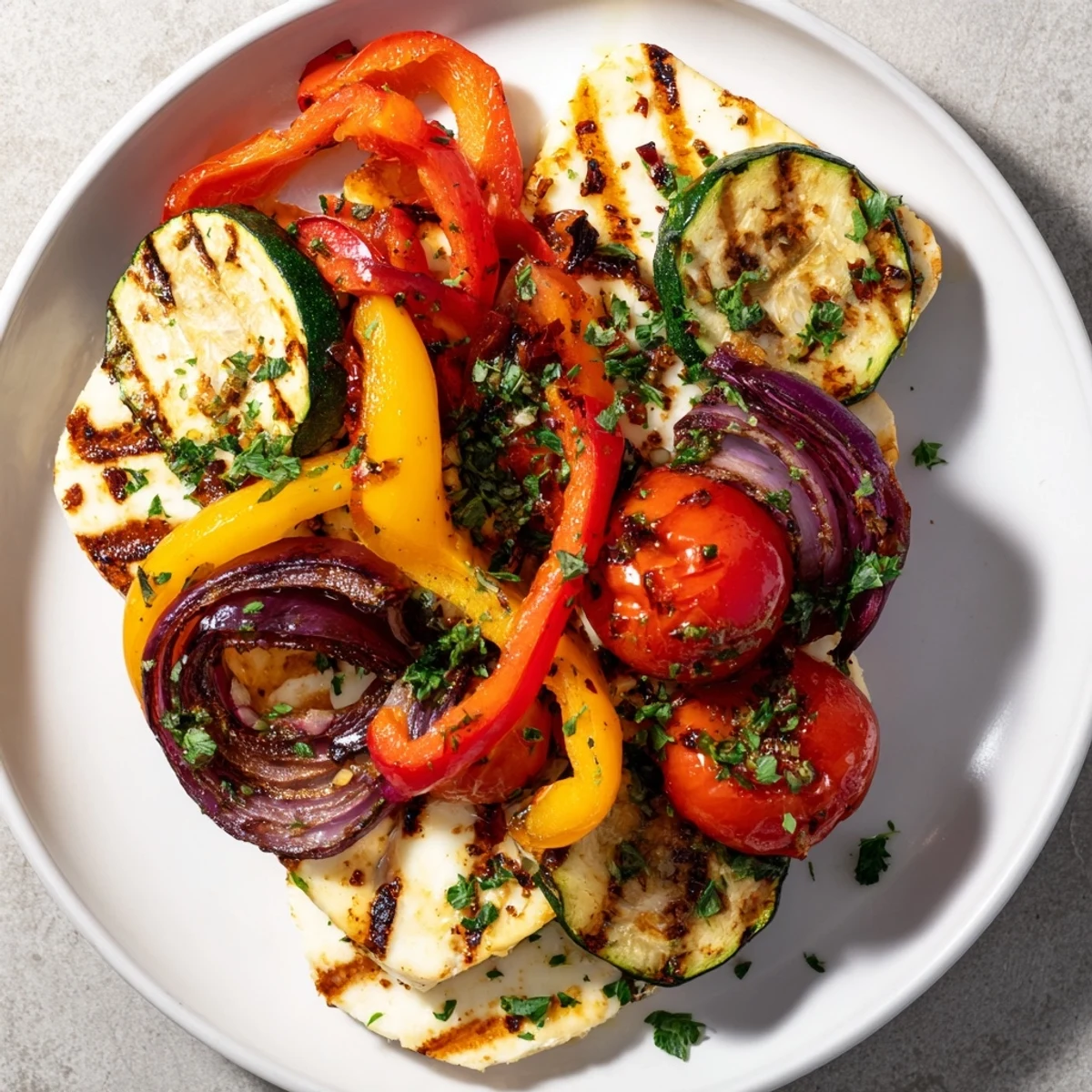 Close-up of a sizzling Grilled Halloumi Cheese Steak, perfectly charred and full of flavor.