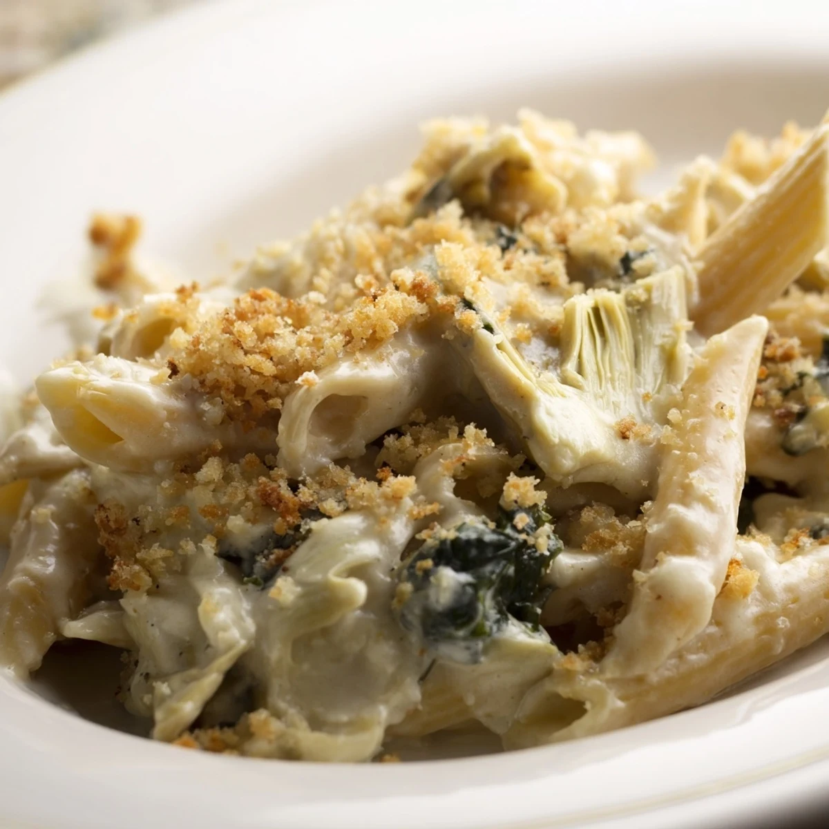 Golden, bubbling Artichoke Pasta Bake fresh from the oven, served in a white dish with a golden breadcrumb crust.