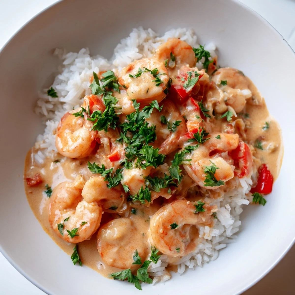A bowl of creamy Cajun shrimp rice bowl features succulent shrimp in a spicy cream sauce over fluffy jasmine rice with fresh parsley garnish.