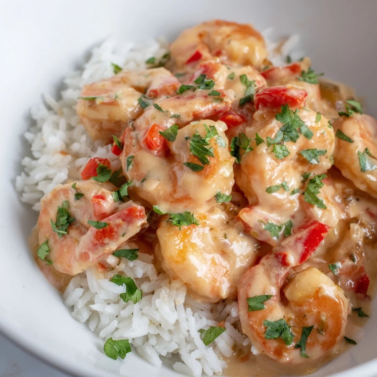 Close-up of creamy Cajun shrimp rice bowl with rich sauce, tender shrimp, and vibrant red bell peppers on a bed of steaming rice.