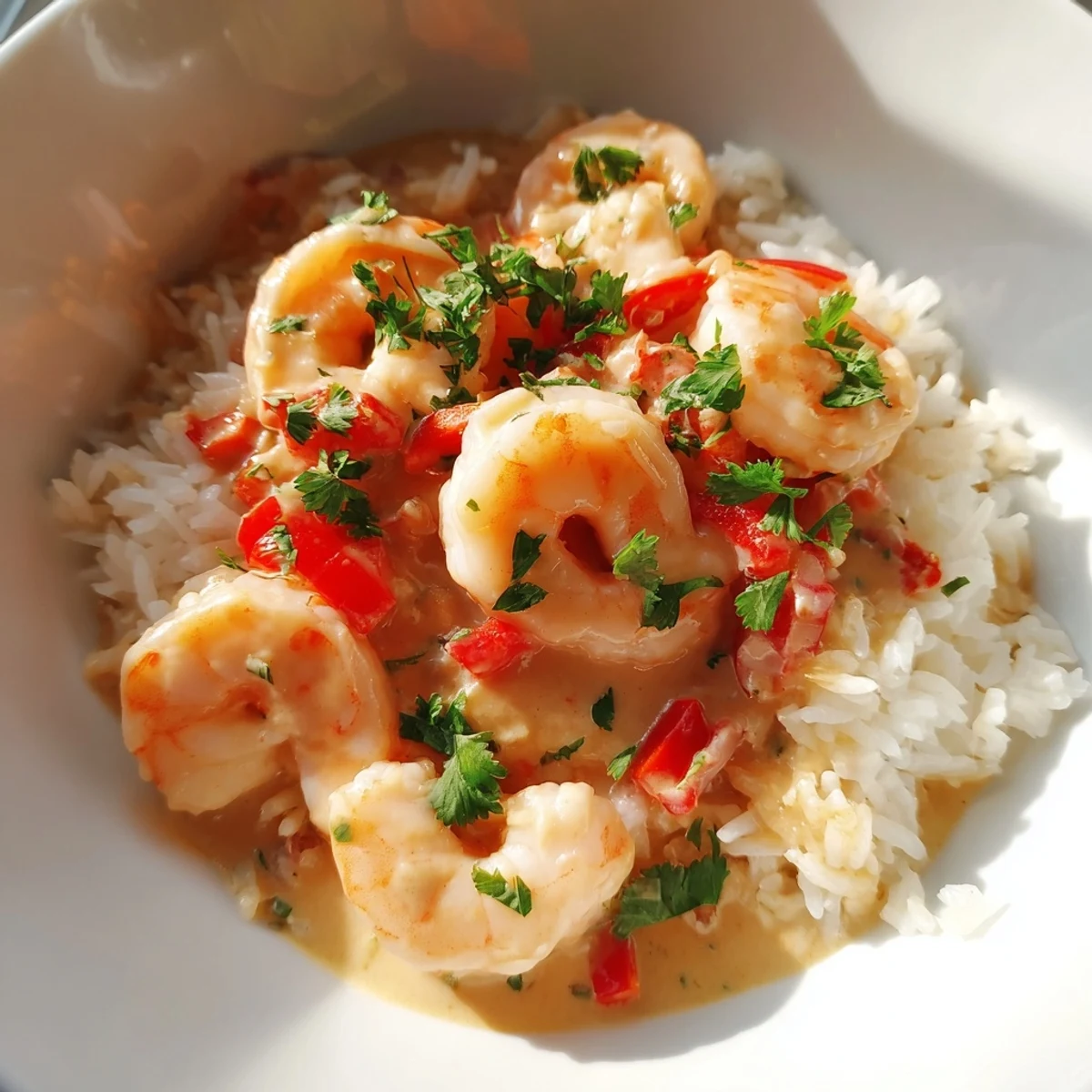 Hearty creamy Cajun shrimp rice bowl served in a rustic bowl, ready for a comforting weeknight dinner with a side of lemon wedges.