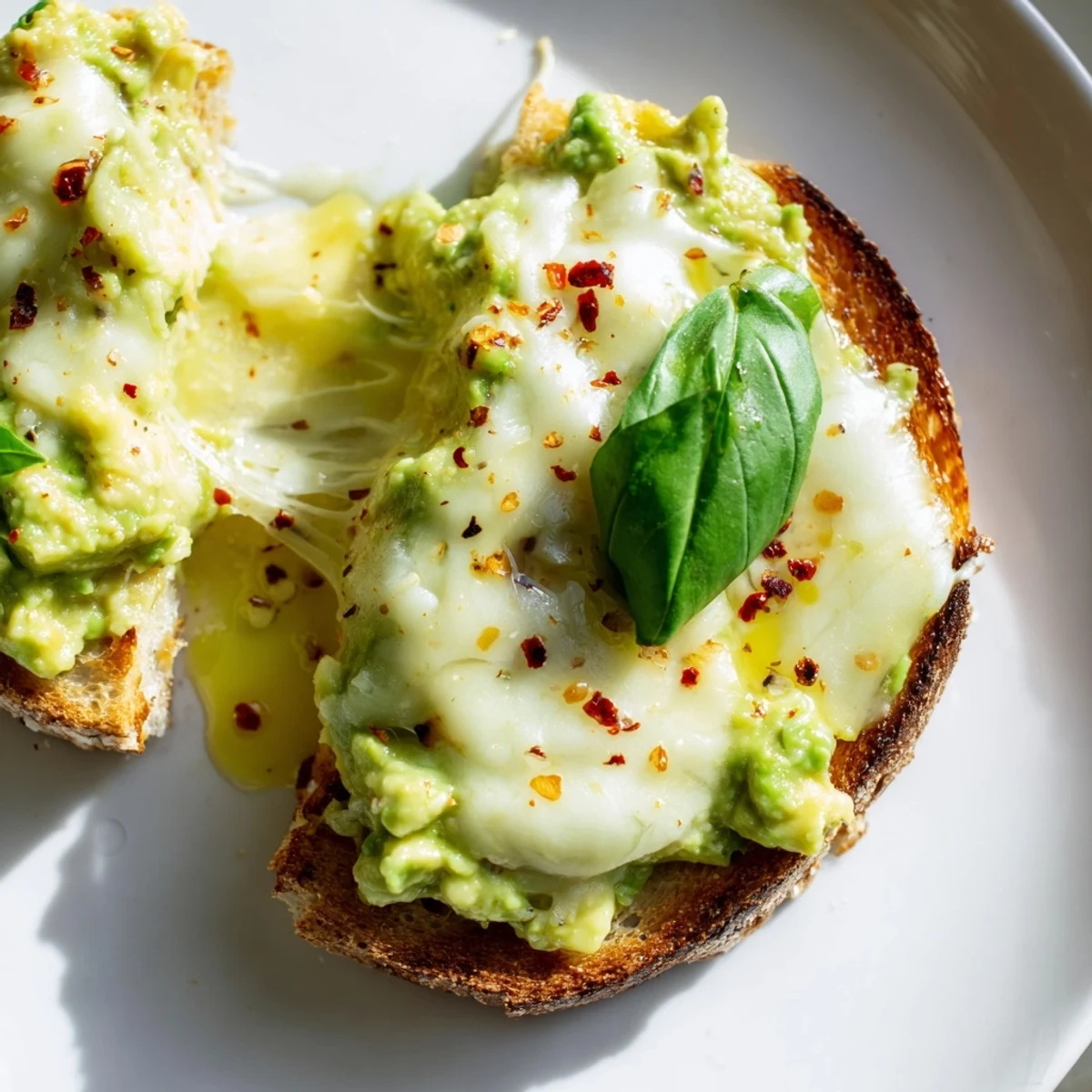 The finished Avocado Mozzarella Tartine with melted mozzarella and fresh basil on crispy toasted bread.  