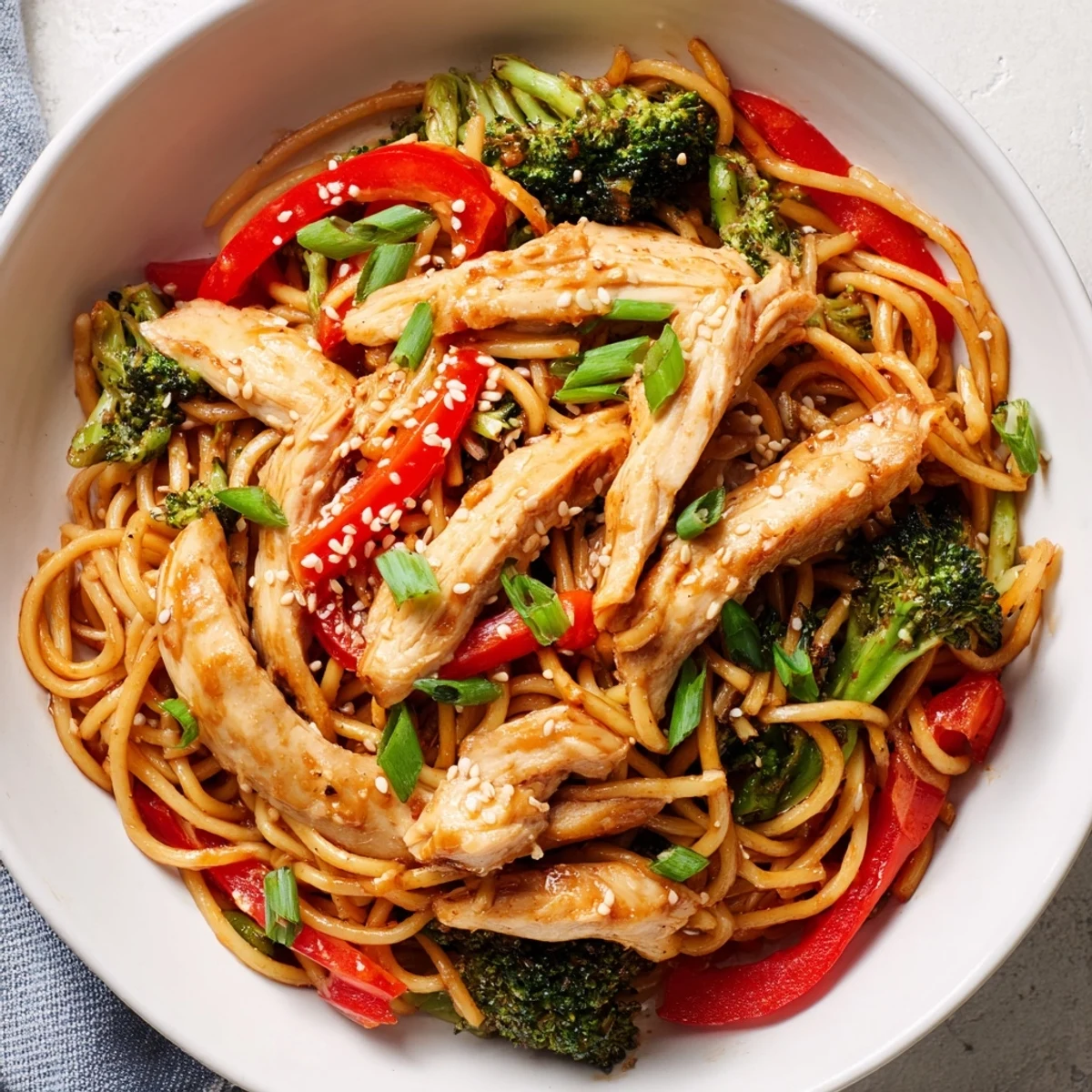 A top-down view of Spicy Ramen Stir-Fry, with glossy noodles, crisp vegetables, and tender chicken coated in a vibrant, spicy sauce.  