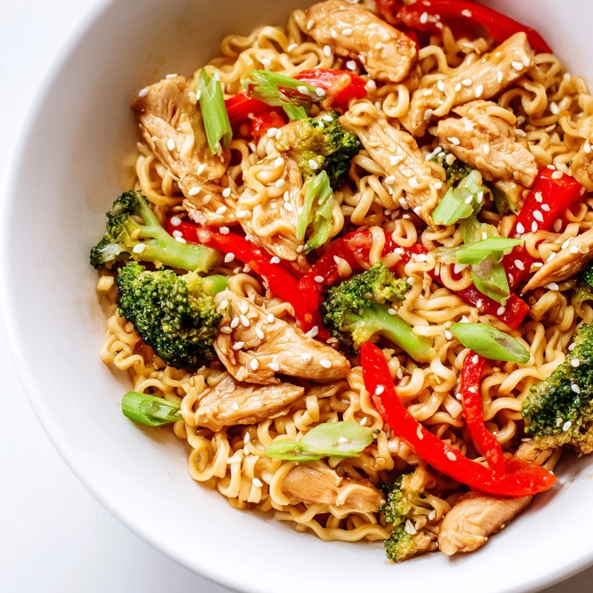 Close-up of Spicy Ramen Stir-Fry in a bowl, steam rising, garnished with green onions and toasted sesame seeds for a delicious finish.  
