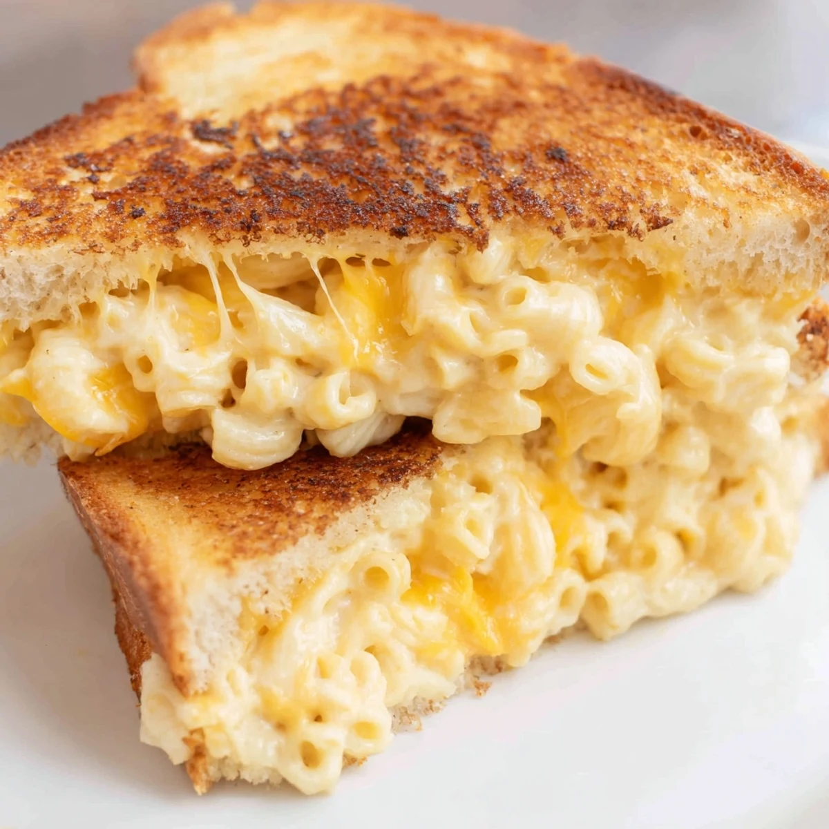 Crisp golden bread frames a gooey center of creamy macaroni and cheese in this Mac & Cheese Grilled Cheese, served hot and buttery.