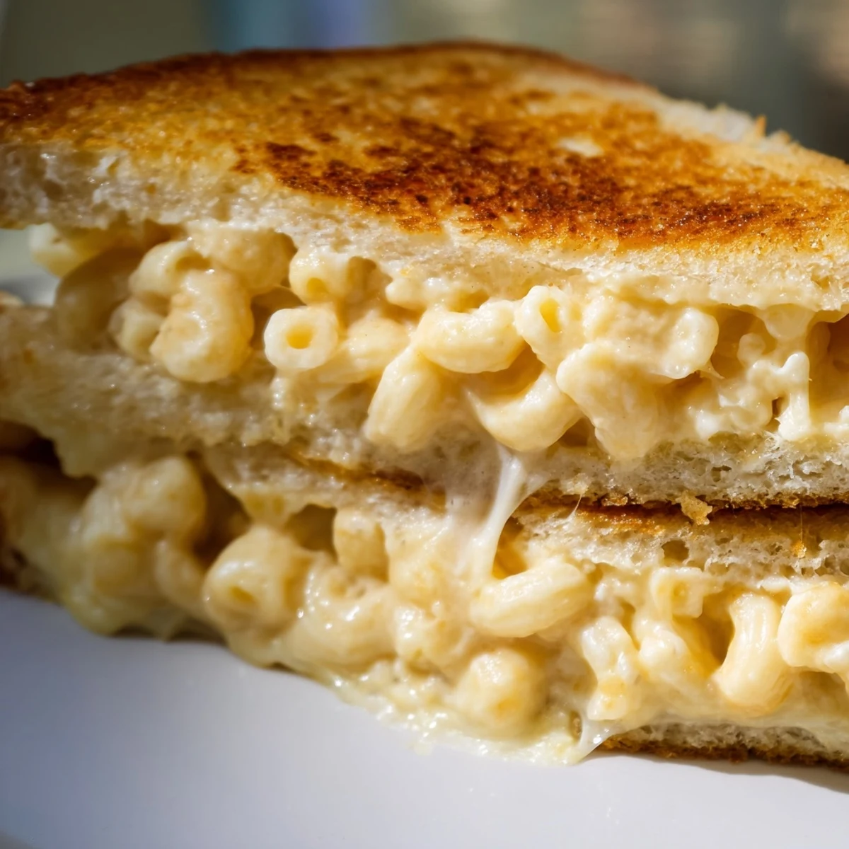 A close-up of the Mac & Cheese Grilled Cheese reveals melted cheddar oozing from between toasted sourdough slices, ready to be dipped in tomato soup.