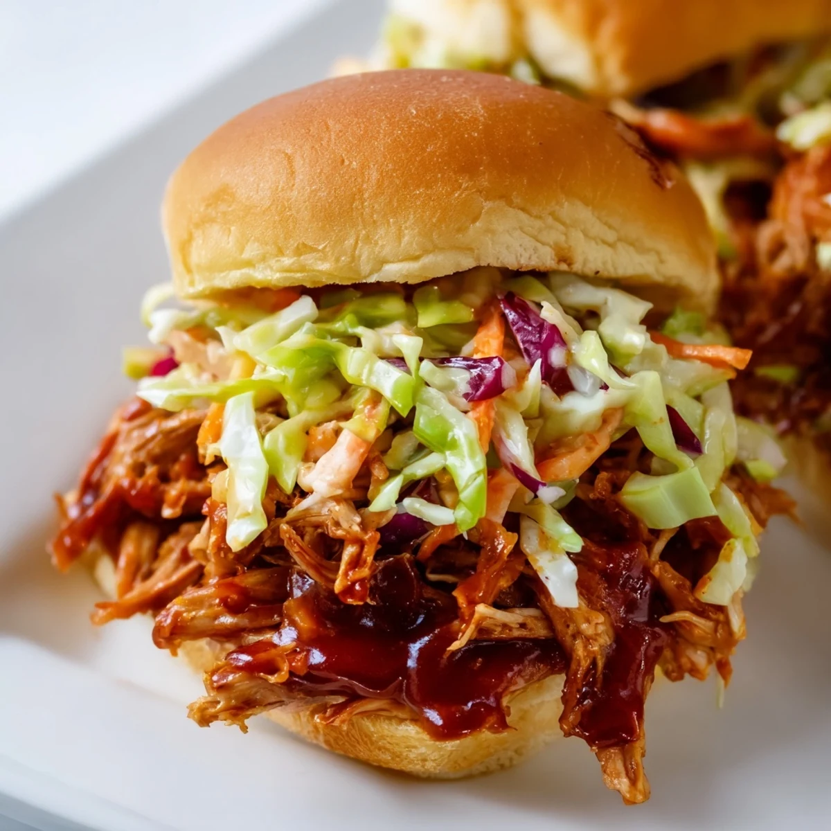 Golden-brown mini buns cradle tender pulled BBQ chicken, generously topped with creamy, crunchy slaw for a perfect party bite.  