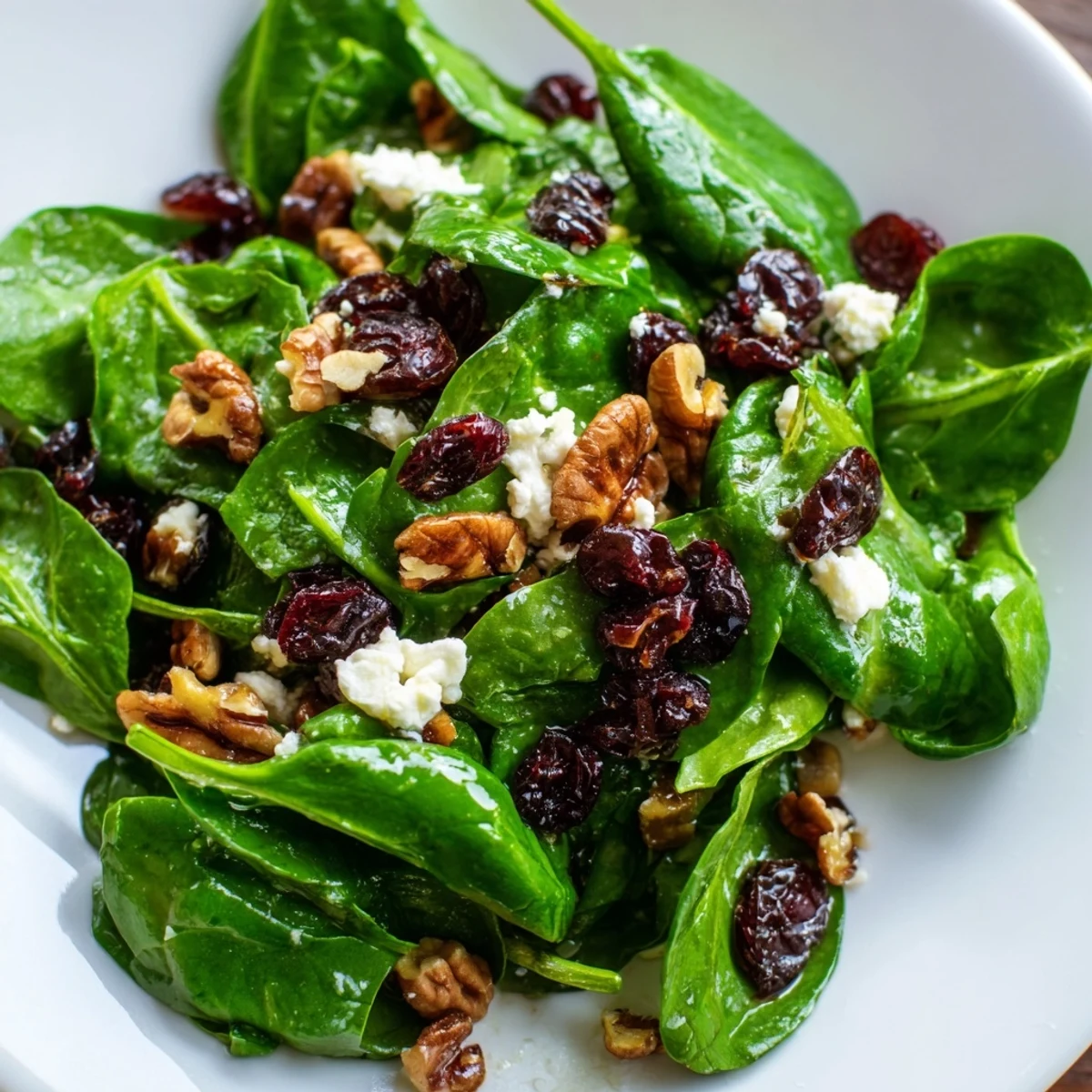 Vibrant baby spinach and creamy goat cheese crumbles mixed with sweet cranberries and crunchy candied pecans.