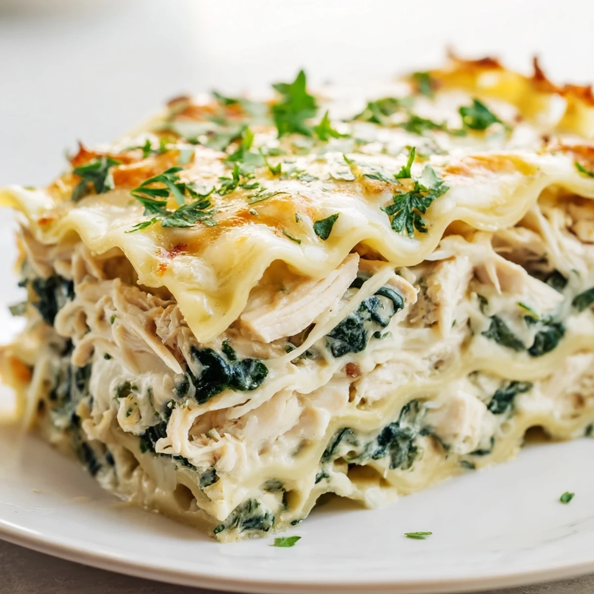 Golden-brown Chicken Alfredo Lasagna with bubbly mozzarella and creamy Alfredo sauce in a white dish.
