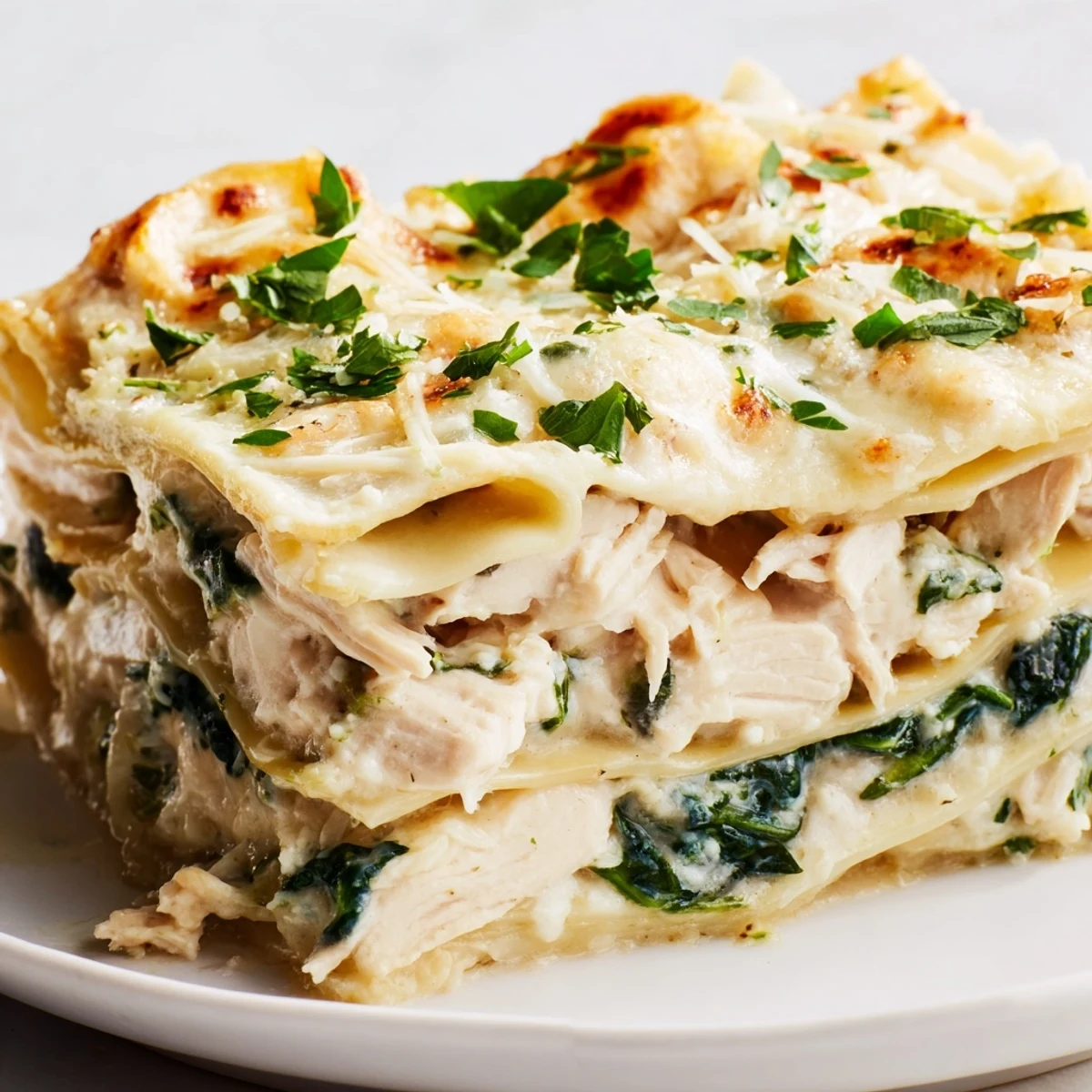 Comforting Chicken Alfredo Lasagna garnished with parsley, served with a crisp green salad.
