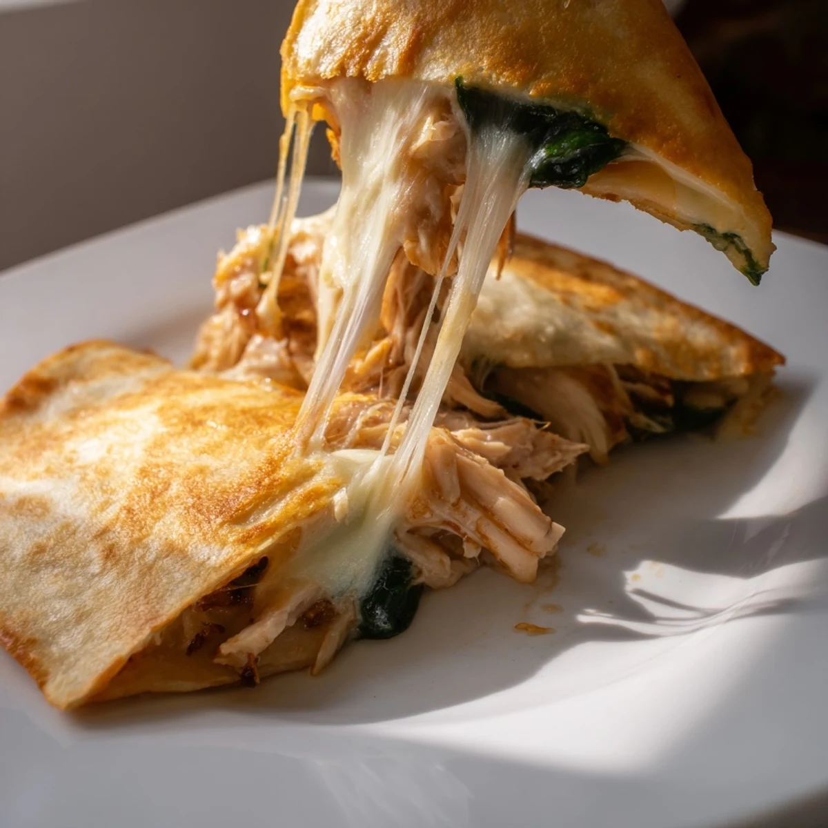 Perfectly grilled Chicken and Spinach Quesadilla cut into triangles, ready to dip into a side of creamy salsa.