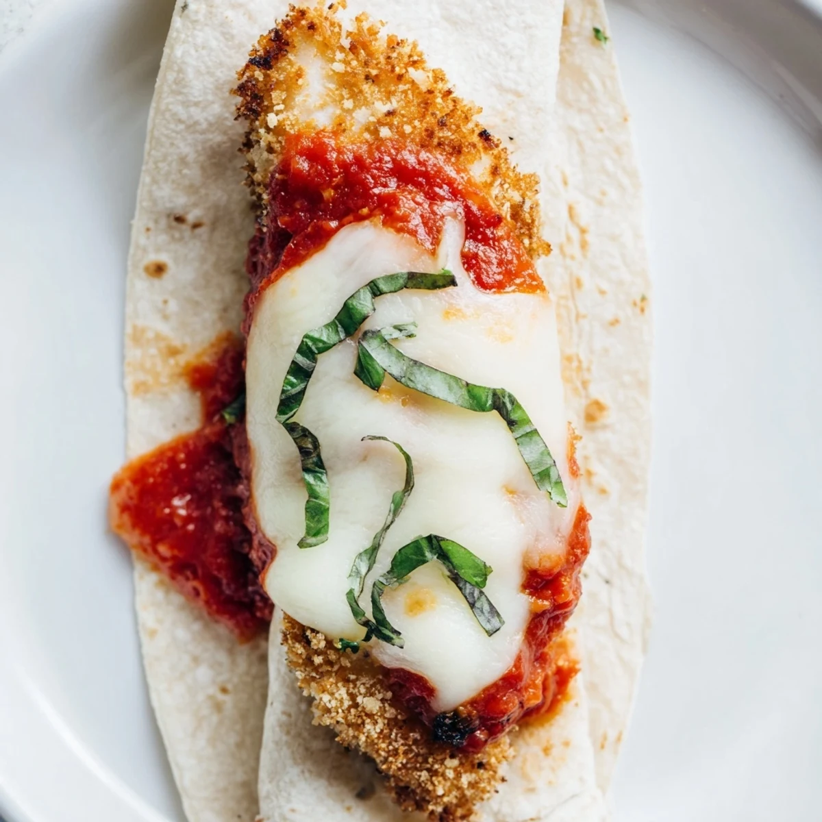 Golden-brown, breaded chicken cutlet topped with melted mozzarella and fresh basil, tucked into a soft flour tortilla with vibrant red marinara sauce for a hearty Crispy Chicken Parm Wrap.  
