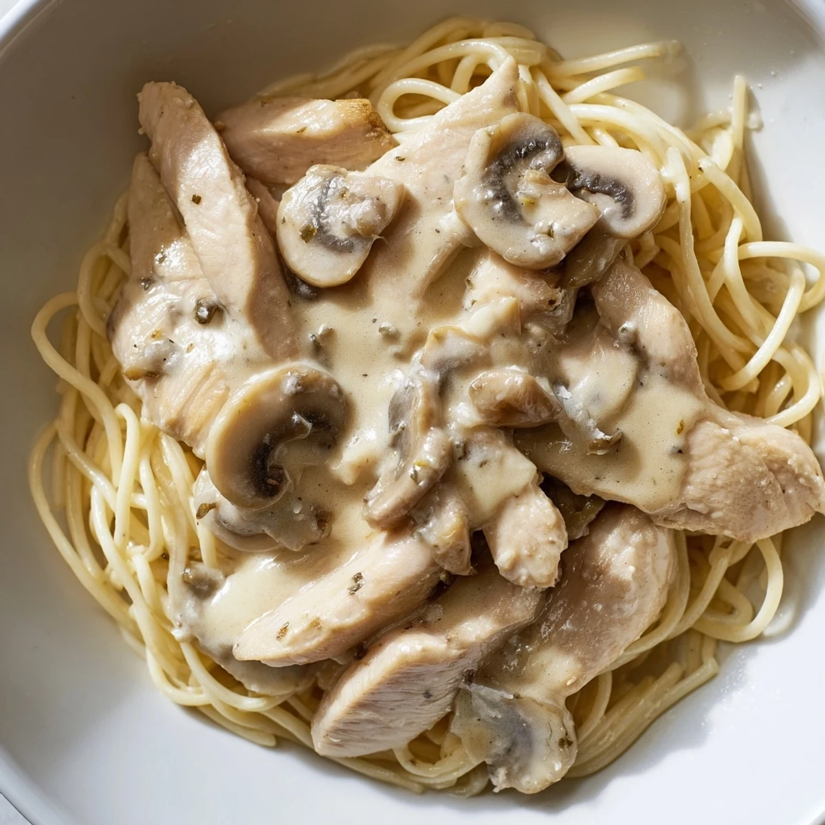 Golden-brown seared chicken breast slices resting on a bed of whole wheat spaghettini coated in a creamy mushroom sauce with fresh thyme garnish.  