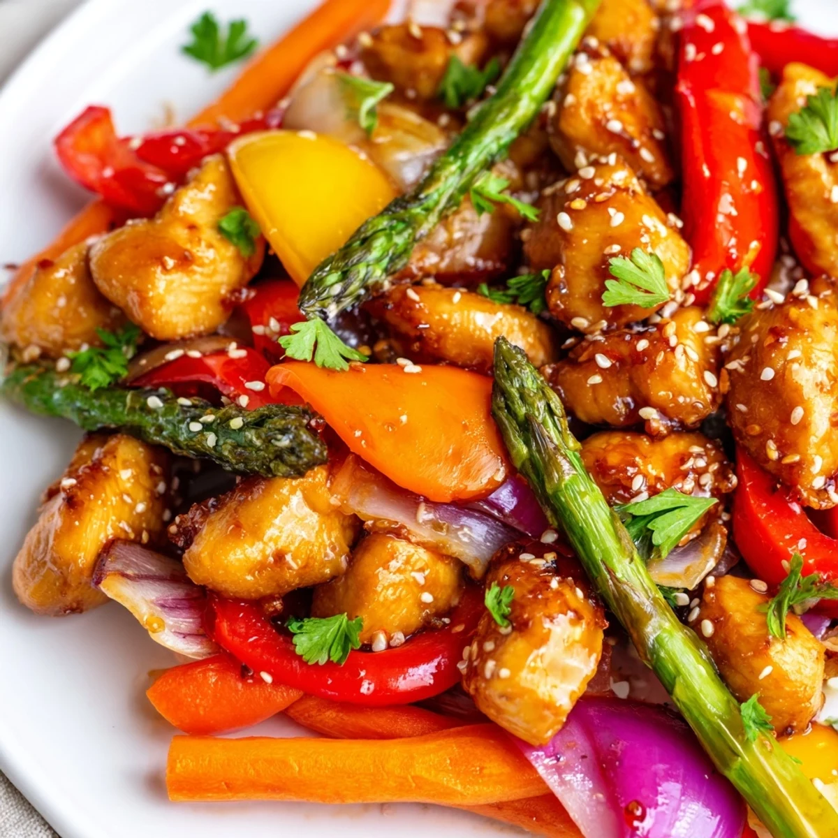 Golden-brown chicken and vibrant vegetables glisten with a honey garlic glaze on this sheet pan, topped with fresh parsley.