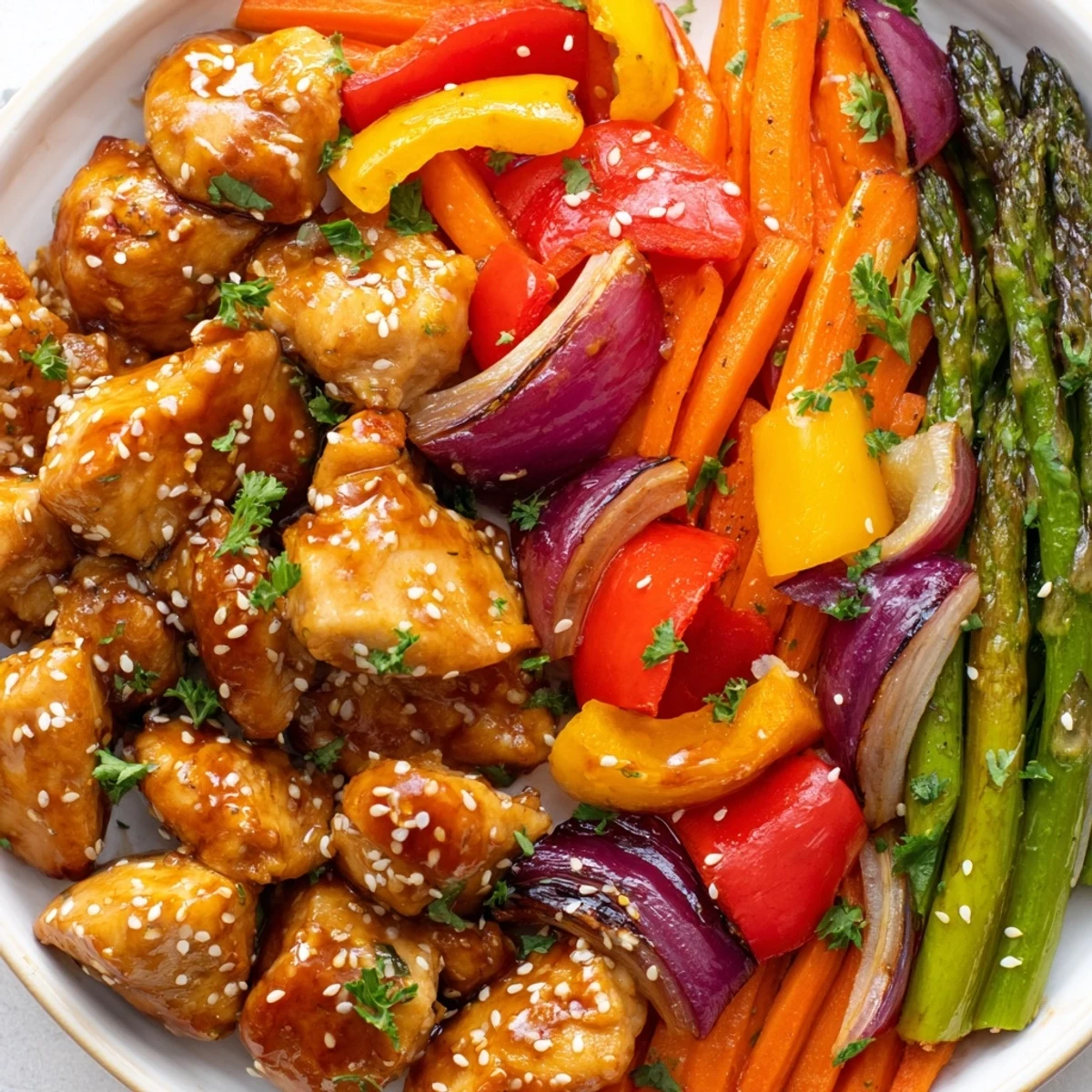 Close-up of baked honey garlic chicken and colorful vegetables, garnished with sesame seeds and ready to serve over fluffy rice.