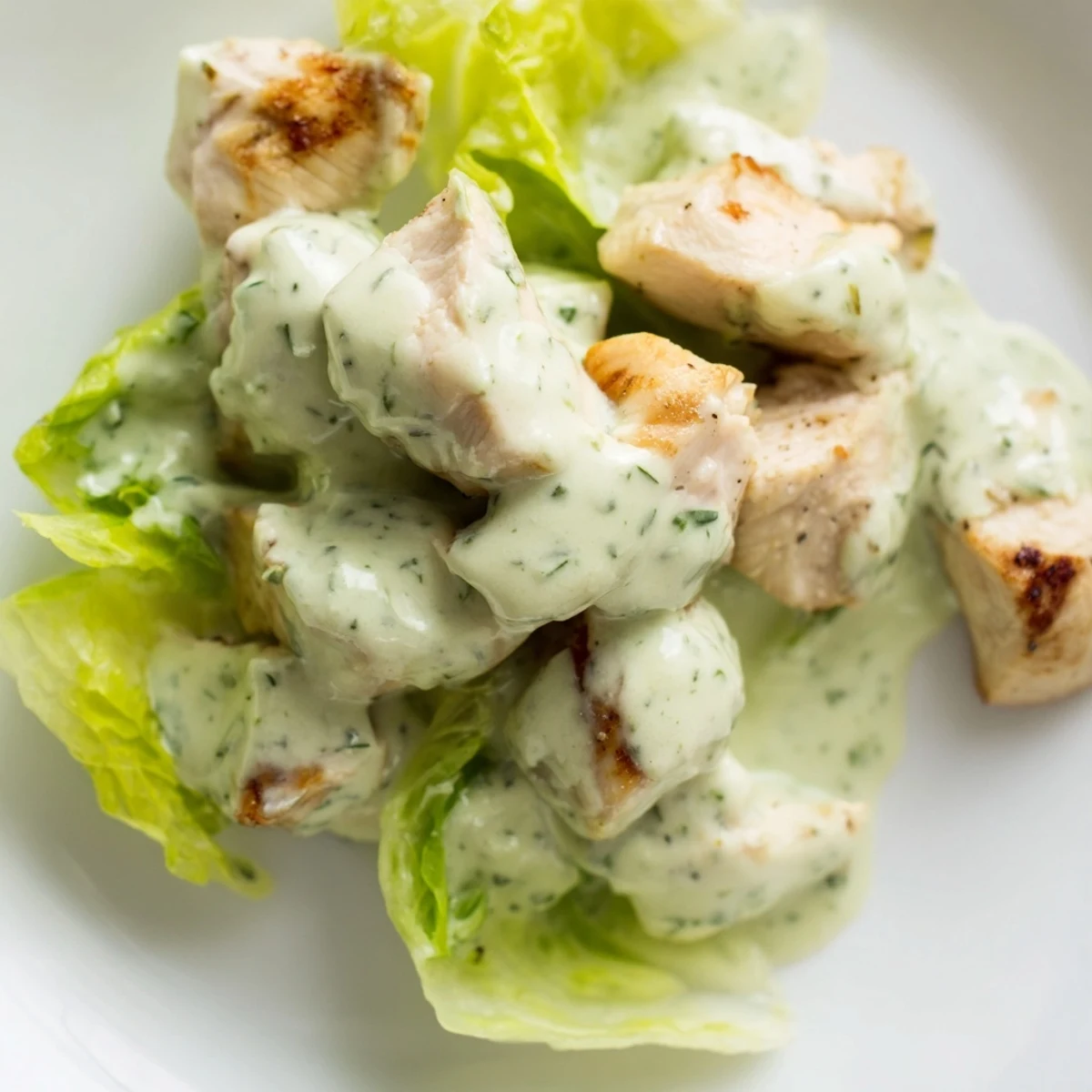 Jalapeño Ranch Chicken Salad features tender grilled chicken pieces tossed with crisp romaine, juicy tomatoes, and a creamy, spicy dressing.