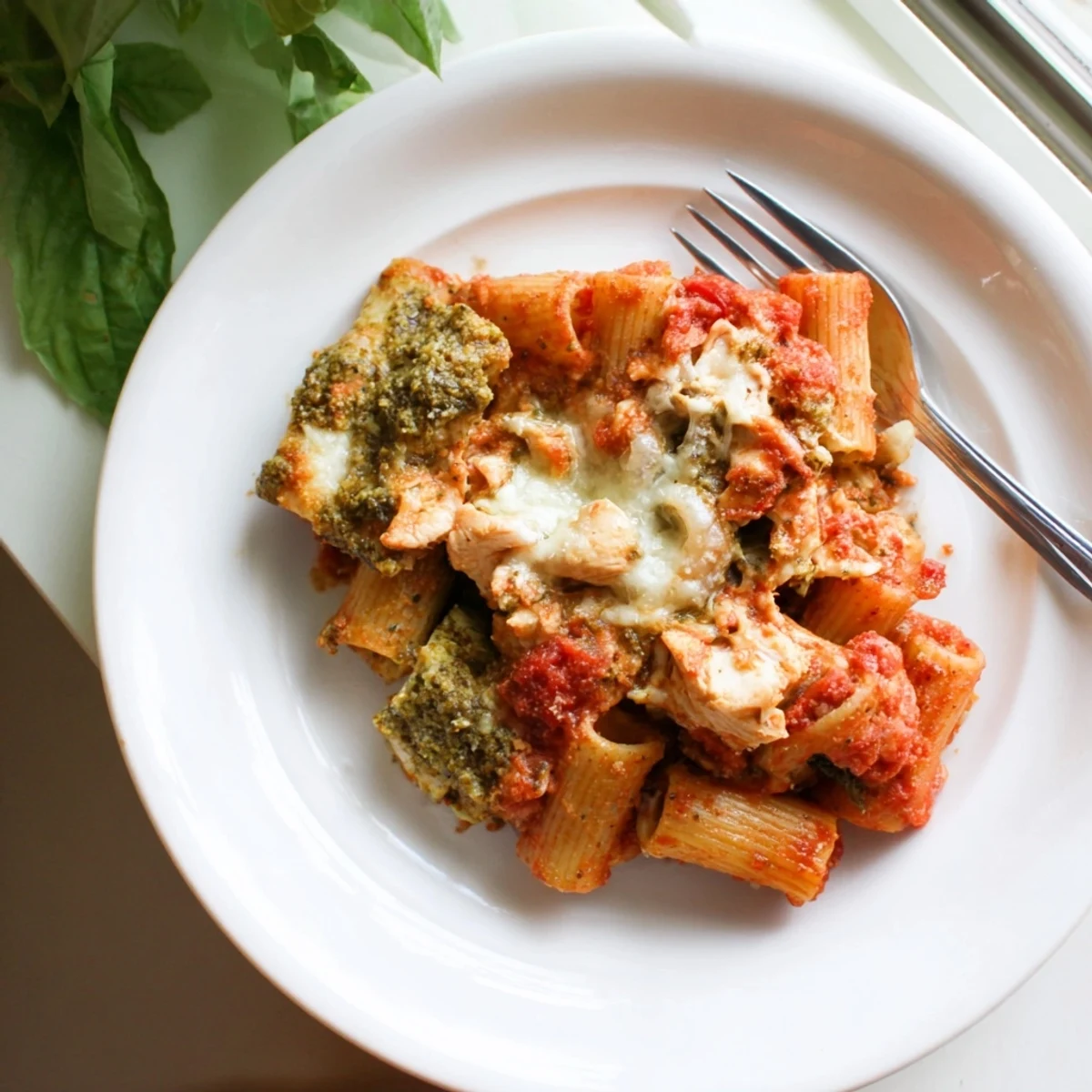 Golden-brown baked Pesto Chicken Pasta with melted mozzarella and fresh basil garnish on a rustic wooden table.  