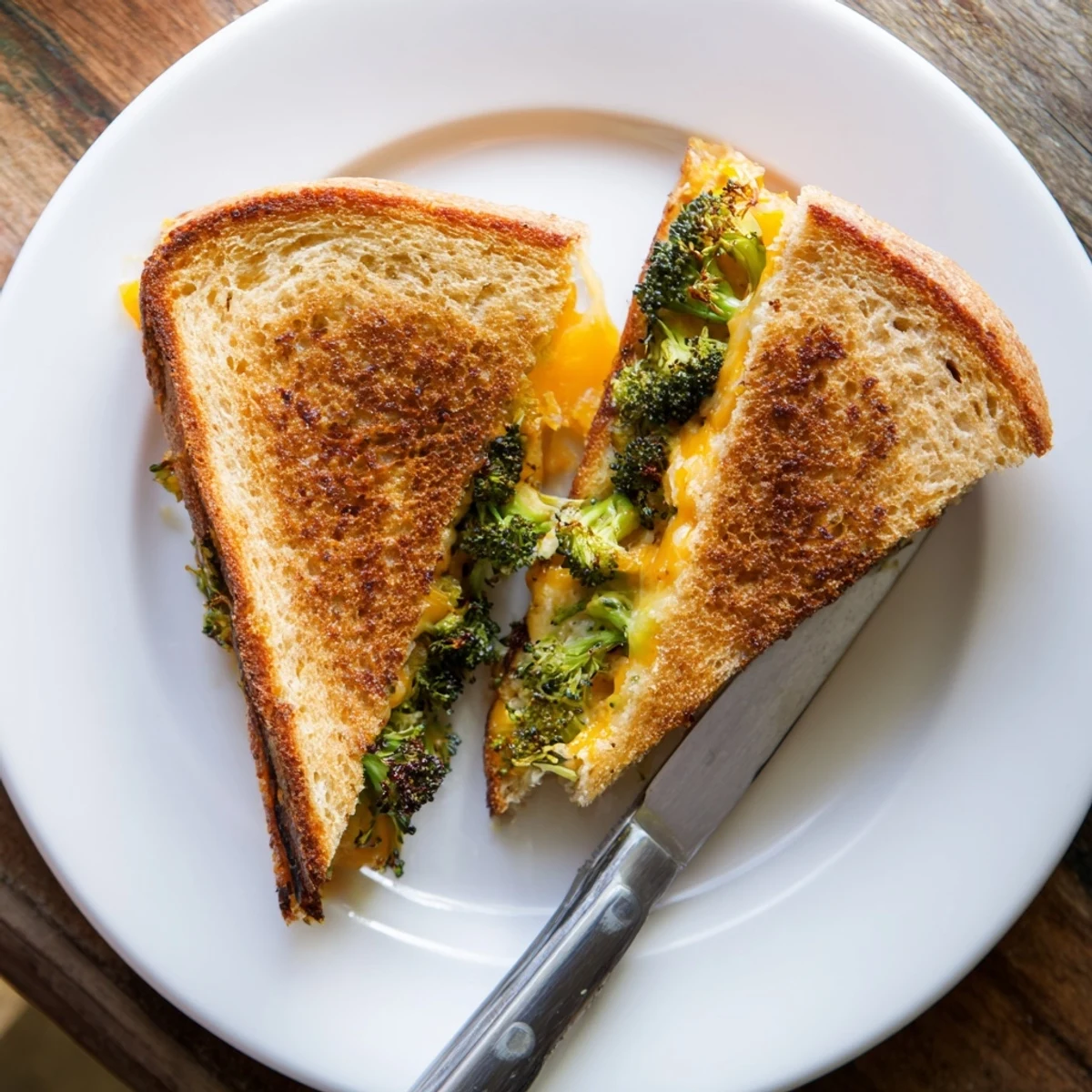 Savory Roasted Broccoli & Cheddar Grilled Cheese, perfect for lunch, cut in half to show the green broccoli and melted orange cheese.