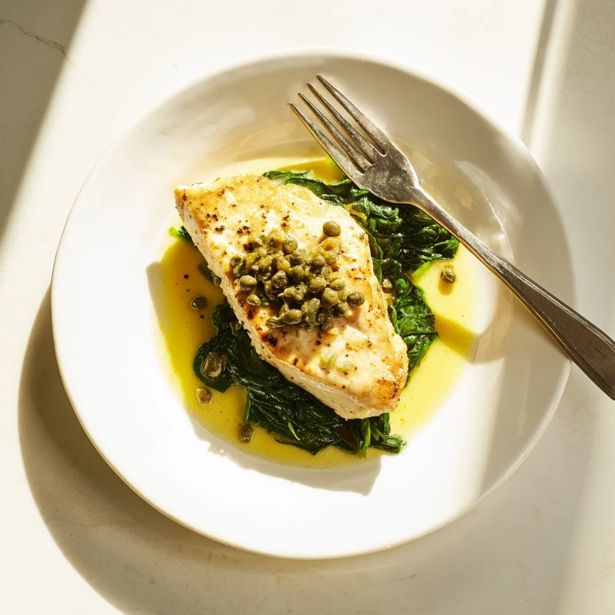 Golden-brown Spinach Lemon Butter Chicken cutlets resting on a vibrant bed of wilted spinach, drizzled with glossy lemon butter sauce and garnished with fresh parsley.  