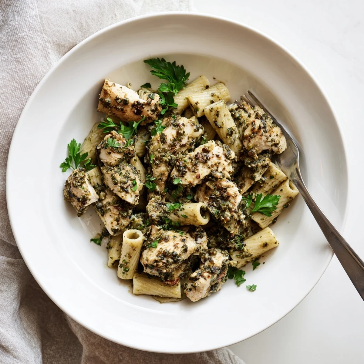 Succulent grilled chicken, vibrant herby chimichurri sauce, and al dente penne pasta tossed together for a colorful, dairy-free dinner.