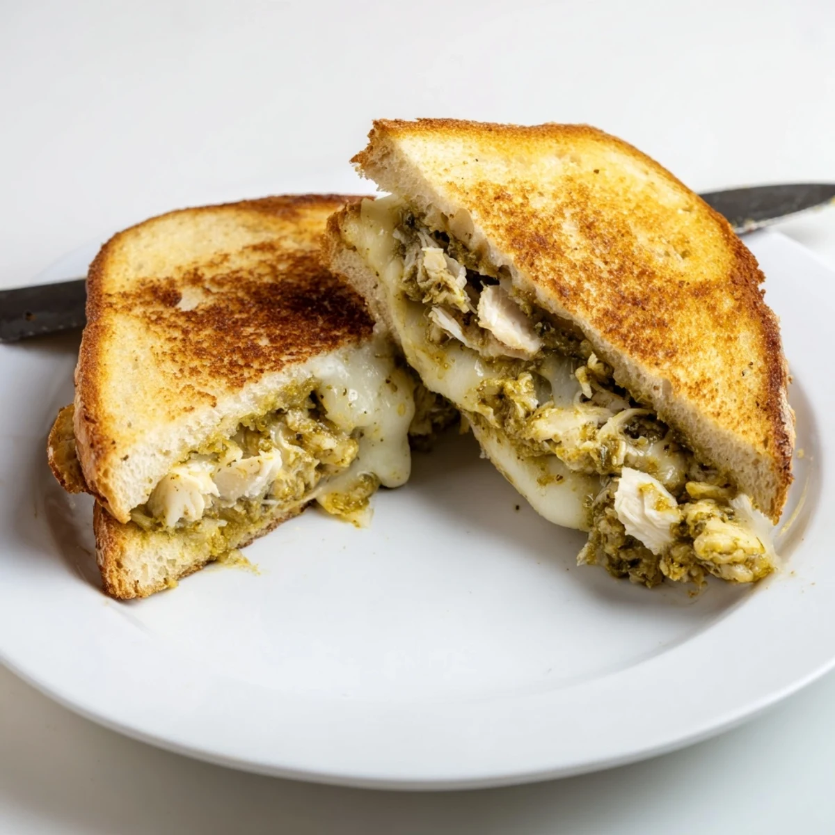 Golden, crispy Mozzarella Pesto Chicken Grilled Cheese sandwiches stacked on a rustic wooden cutting board.