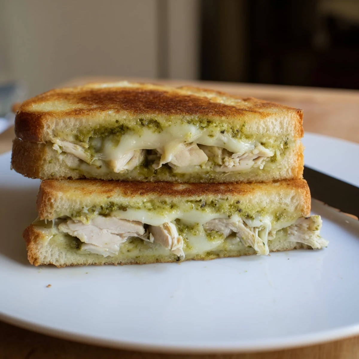 A close-up of melted mozzarella and savory pesto chicken in a perfectly toasted Mozzarella Pesto Chicken Grilled Cheese.