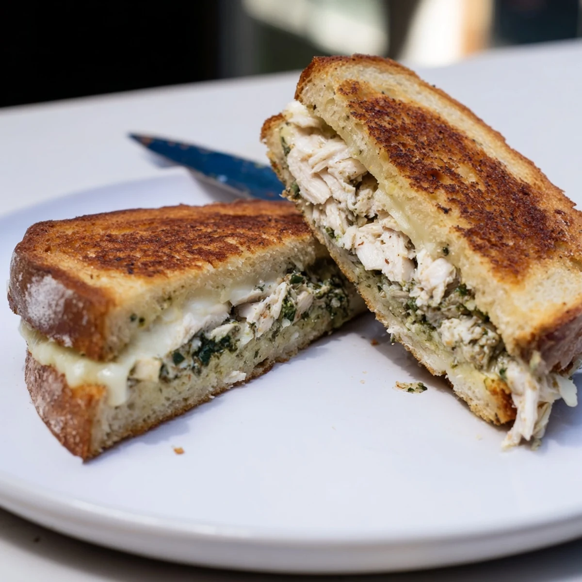 Warm Mozzarella Pesto Chicken Grilled Cheese halves, revealing juicy shredded chicken and vibrant green pesto layers.