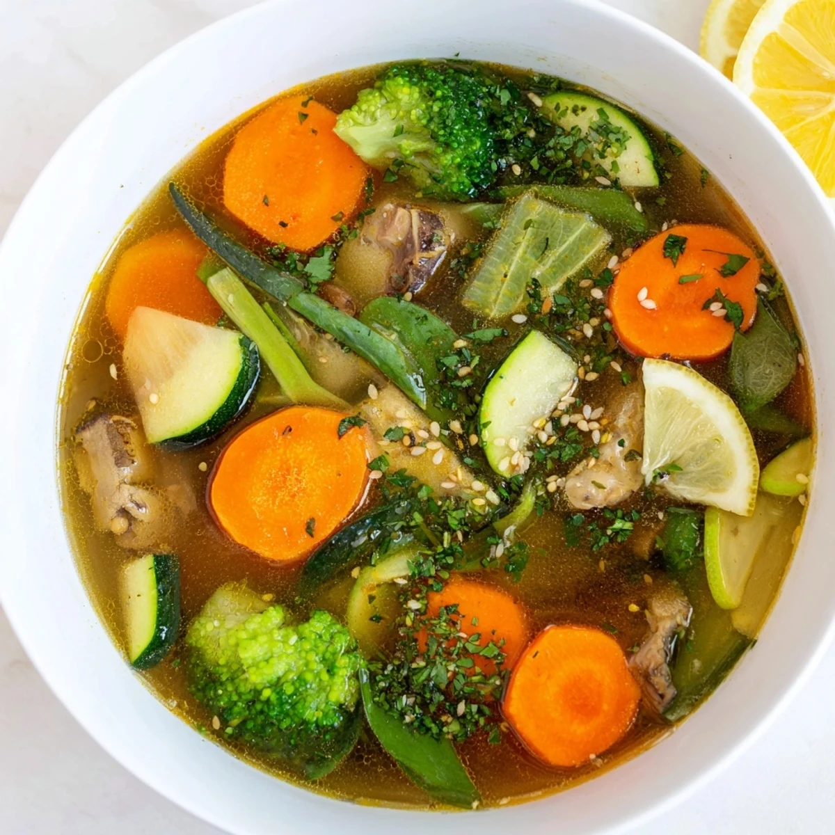 Close-up of a nourishing Collagen-Boosting Broth Bowl topped with fresh parsley, sesame seeds, and lemon wedges.