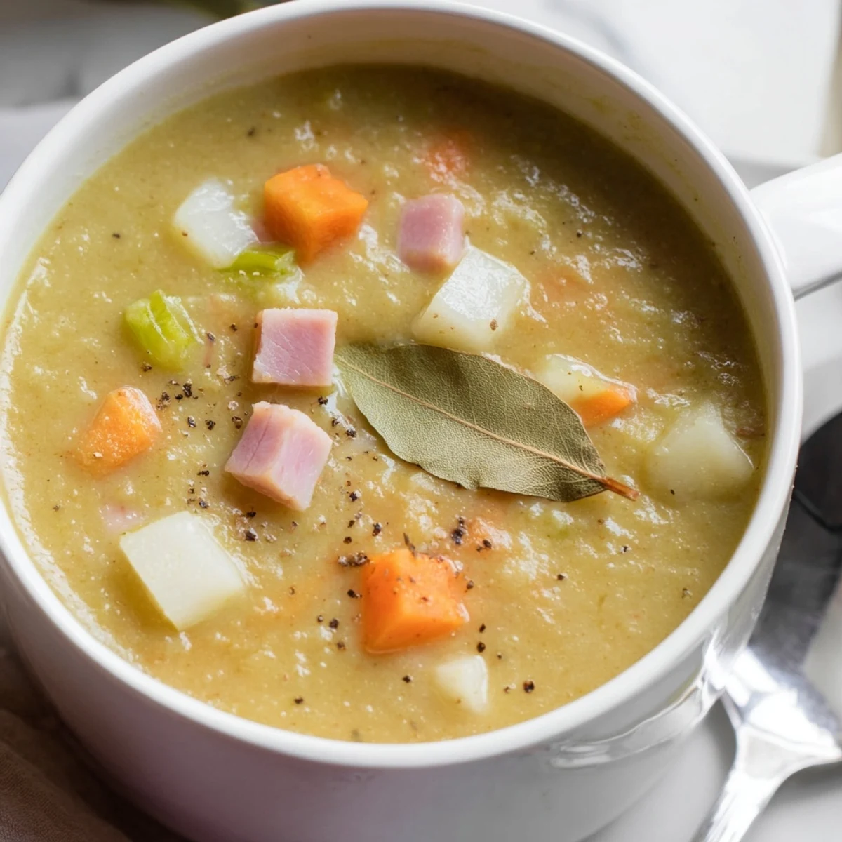 Creamy green split pea soup with diced carrots and potatoes, steaming in a rustic bowl for a cozy winter meal.  