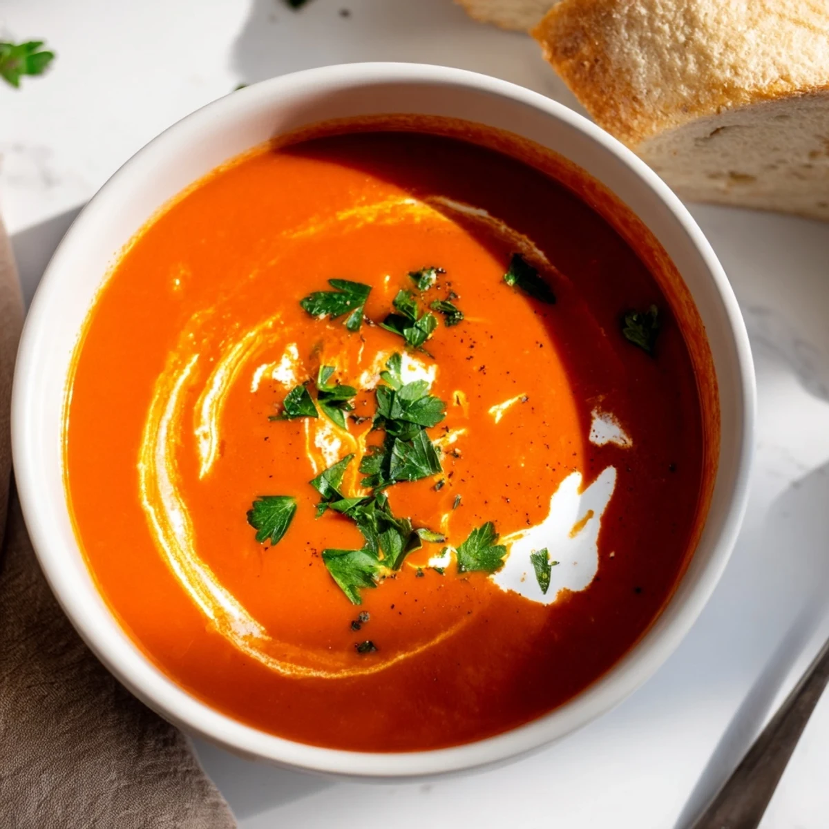 Roasted Red Pepper Soup in a rustic bowl, garnished with creamy swirls of crème fraîche and fresh parsley.