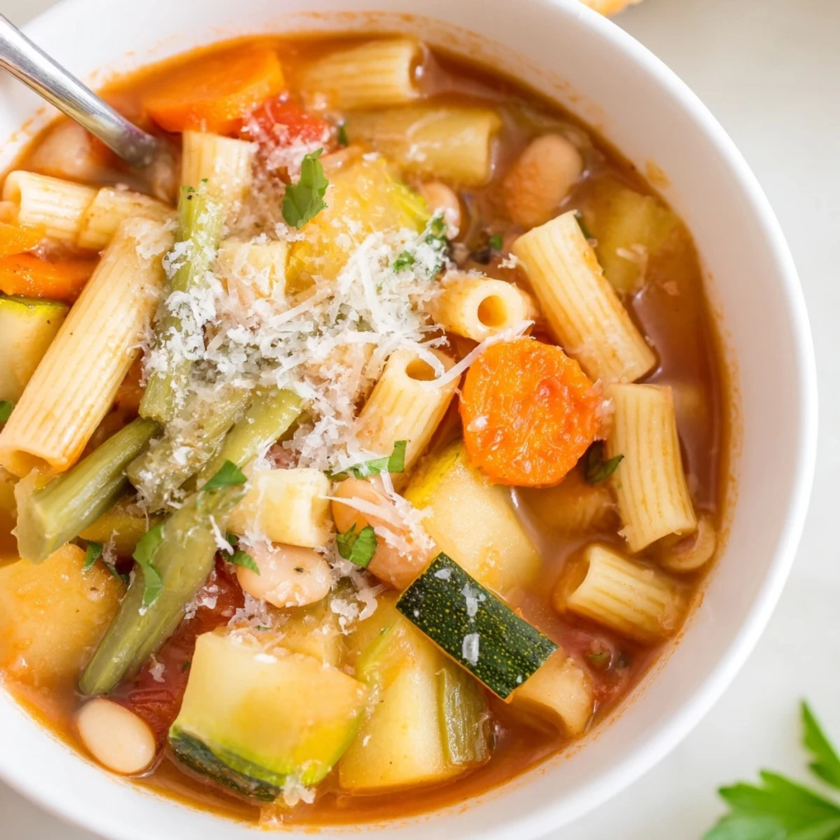 Creamy white beans and al dente ditalini swim in a simmering broth filled with carrots and green beans in this hearty minestrone vegetable soup.