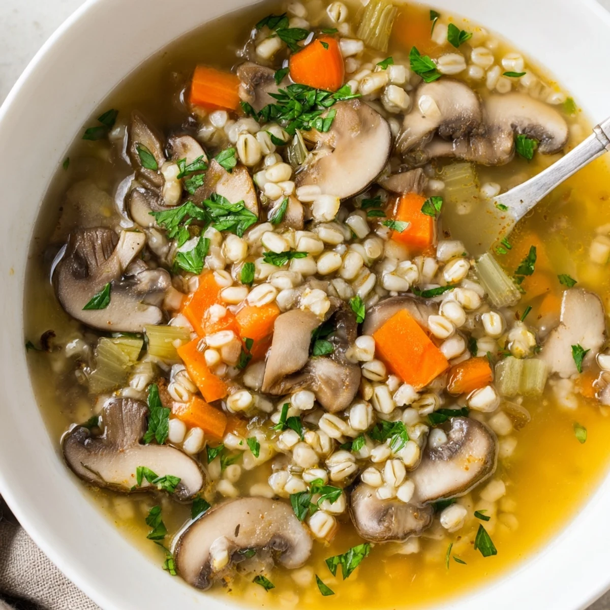 A steaming bowl of Mushroom and Barley Soup, with tender sliced mushrooms and chewy pearl barley swimming in a rich, golden vegetable broth.