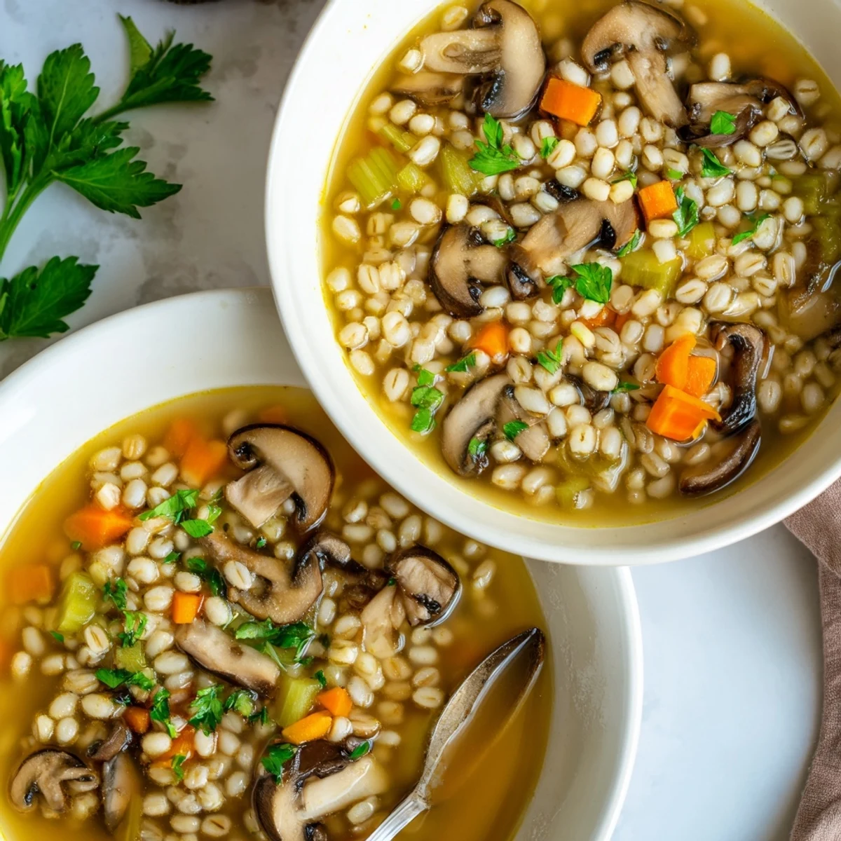 Close-up view of a hearty Mushroom and Barley Soup, showcasing diced carrots and celery in a thick, savory broth, ready to serve.