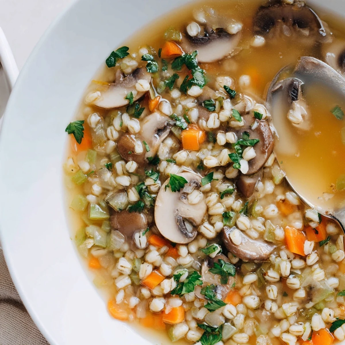 A rustic wooden table holds a ladle of Mushroom and Barley Soup garnished with fresh parsley, perfect for a cozy vegetarian dinner.