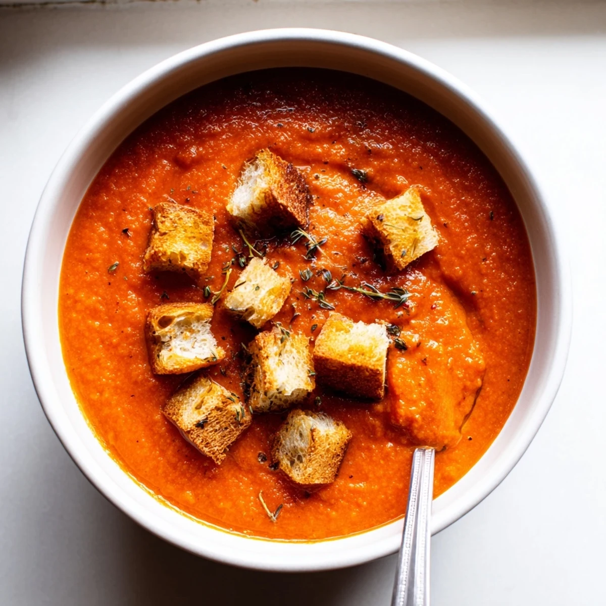 A vibrant bowl of roasted tomato soup with crispy croutons, garnished with fresh thyme for a cozy meal.