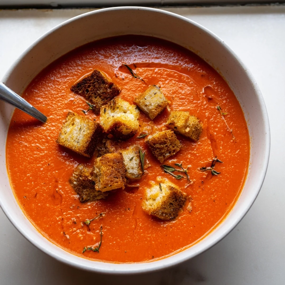 Creamy roasted tomato soup with crispy croutons, drizzled with olive oil and fresh basil for a fresh finish.