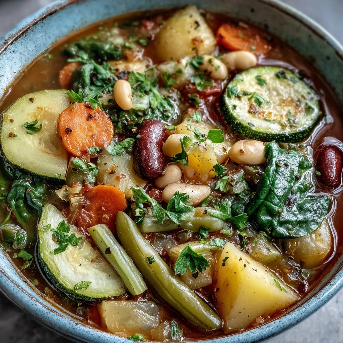Hearty Minestrone Vegetable Soup brimming with tender beans, pasta, and herbs.