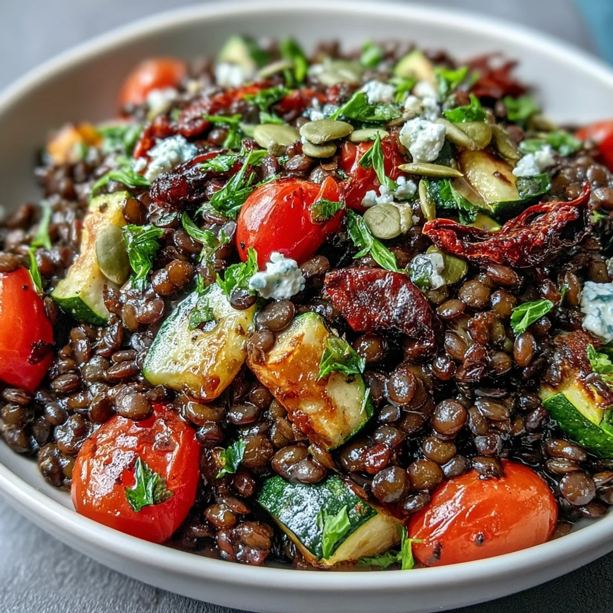 Vibrant black lentil salad with roasted vegetables and zesty lemon, a healthy meal.