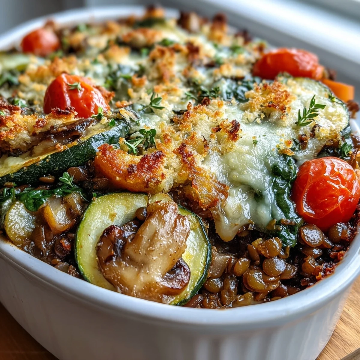Hearty Green Lentil and Vegetable Casserole bubbling and golden.