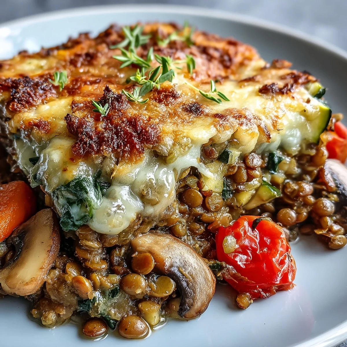 Comforting Green Lentil and Vegetable Casserole with cheesy topping.