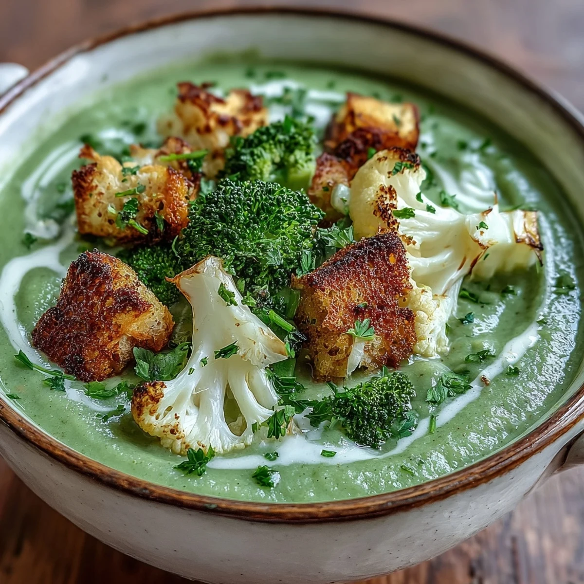 Velvety smooth cauliflower and broccoli soup, a hearty meal perfect for comfort.