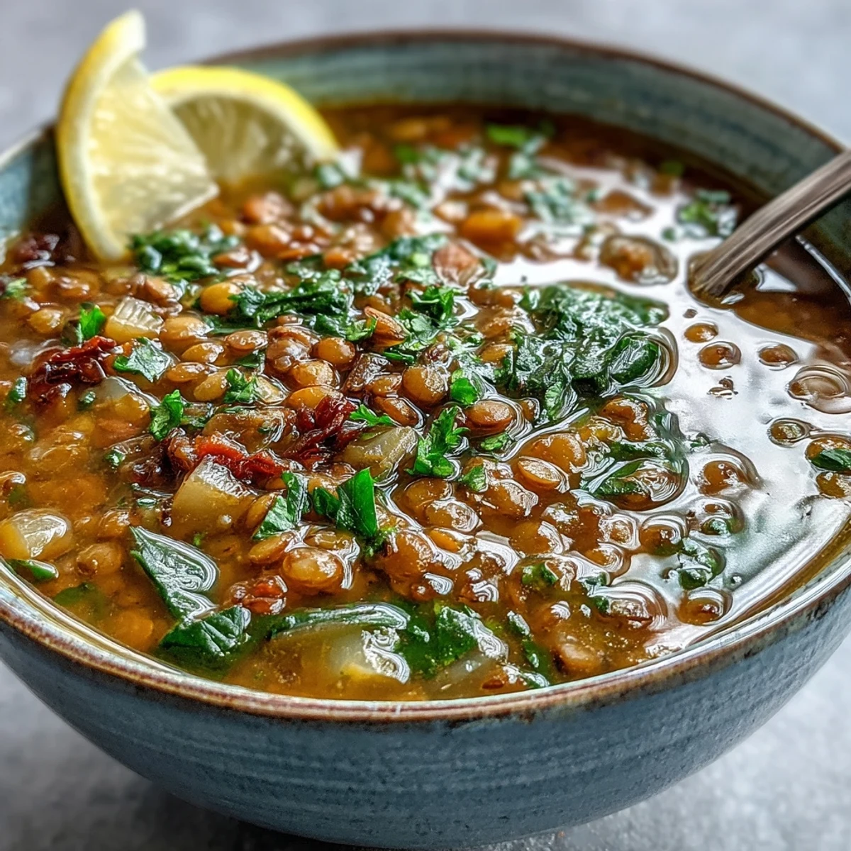 Hearty vegan Lentil Soup, steaming with vegetables and savory spices.