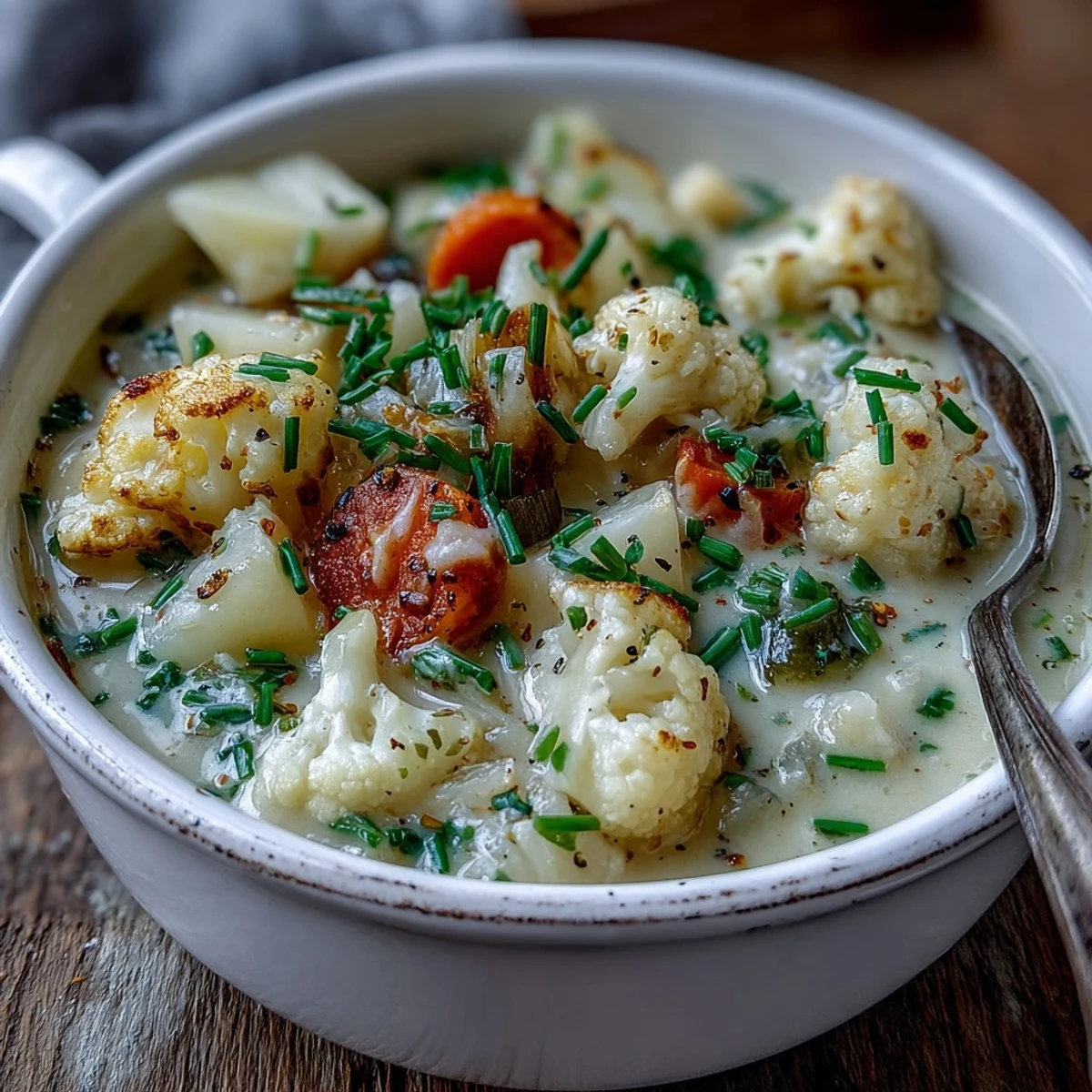 Creamy vegetarian cauliflower chowder, brimming with tender vegetables and savory spices.