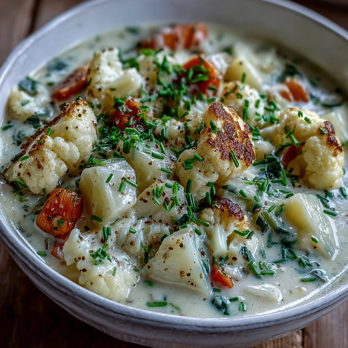 Flavorful vegetarian cauliflower chowder, garnished with fresh herbs, ready to enjoy.